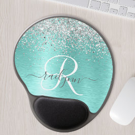 Blauwgroen geborsteld metaal Silver Glitter Monogr Gel Muismat