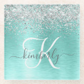 Blauwgroen geborsteld metaal Silver Glitter Monogr Glazen Onderzetter (Voorkant)