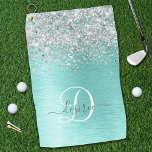 Blauwgroen geborsteld metaal Silver Glitter Monogr Golfhanddoek<br><div class="desc">Personaliseer eenvoudig dit trendy chique golfhanddoekontwerp met  zilveren sprankelende faux glitter op een blauwgroen geborstelde metalen achtergrond.</div>