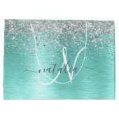 Blauwgroen geborsteld metaal Silver Glitter Monogr Groot Cadeauzakje (Achterkant)