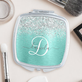 Blauwgroen geborsteld metaal Silver Glitter Monogr Handtas Spiegeltje