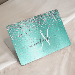 Blauwgroen geborsteld metaal Silver Glitter Monogr HP Laptopsticker