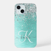 Blauwgroen geborsteld metaal Silver Glitter Monogr iPhone 15 Case (Achterkant)