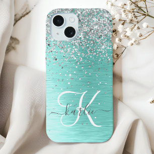 Blauwgroen geborsteld metaal Silver Glitter Monogr iPhone 15 Case