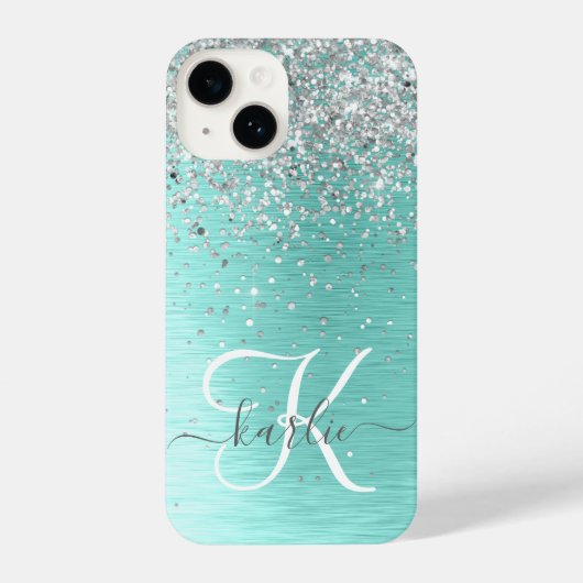 Blauwgroen geborsteld metaal Silver Glitter Monogr iPhone Hoesje (Achterkant)