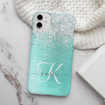 Blauwgroen geborsteld metaal Silver Glitter Monogr iPhone 14 Hoesje<br><div class="desc">Personaliseer deze trendy chique telefoonhoesontwerp met  zilveren sprankelende faux glitter op een blauwgroen geborstelde metalen achtergrond.</div>
