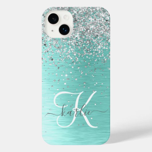 Blauwgroen geborsteld metaal Silver Glitter Monogr iPhone Hoesje (Achterkant)
