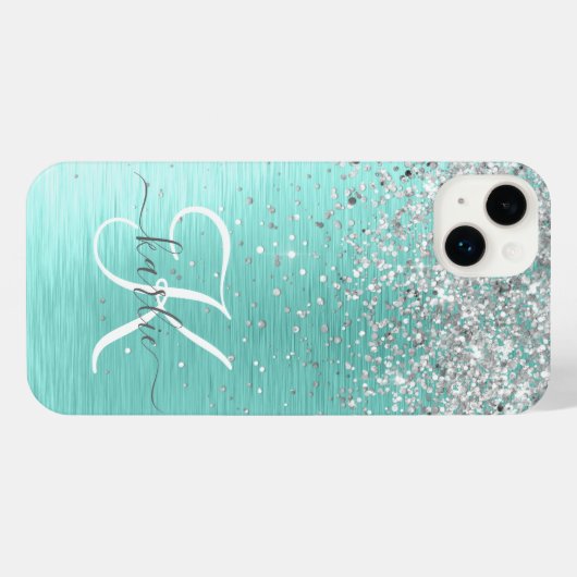 Blauwgroen geborsteld metaal Silver Glitter Monogr iPhone Hoesje (Achterkant horizontaal)