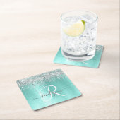 Blauwgroen geborsteld metaal Silver Glitter Monogr Kartonnen Onderzetters (Insitu)
