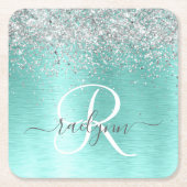 Blauwgroen geborsteld metaal Silver Glitter Monogr Kartonnen Onderzetters (Voorkant)