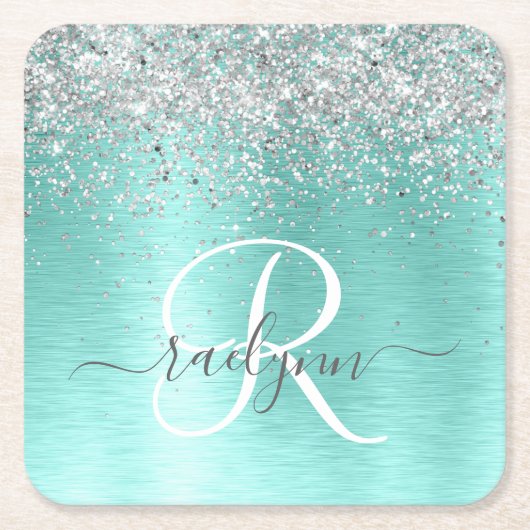 Blauwgroen geborsteld metaal Silver Glitter Monogr Kartonnen Onderzetters (Voorkant)