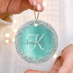 Blauwgroen geborsteld metaal Silver Glitter Monogr Keramisch Ornament<br><div class="desc">Pas dit trendy ornament met  zilveren mousserende glitter eenvoudig aan op een blauwgroen geborstelde metalen achtergrond.</div>