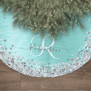 Blauwgroen geborsteld metaal Silver Glitter Monogr Kerstboom Rok