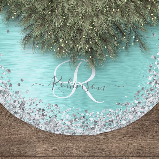 Blauwgroen geborsteld metaal Silver Glitter Monogr Kerstboom Rok