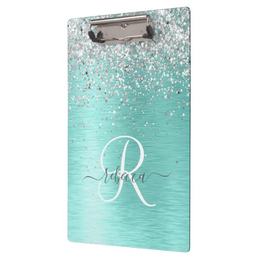 Blauwgroen geborsteld metaal Silver Glitter Monogr Klembord (Links)