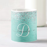 Blauwgroen geborsteld metaal Silver Glitter Monogr Koffiemok<br><div class="desc">Maak dit trendy ontwerp voor een mok voor koffie met  zilveren mousserende glitter gemakkelijk aan de wensen van de klant op een blauwgroen geborstelde metalen achtergrond.</div>