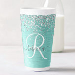 Blauwgroen geborsteld metaal Silver Glitter Monogr Latte Mok<br><div class="desc">Pas dit trendy,  latte mok met  zilveren mousserende glitter eenvoudig aan op een blauwgroen geborstelde metalen achtergrond.</div>