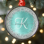 Blauwgroen geborsteld metaal Silver Glitter Monogr Metalen Ornament<br><div class="desc">Eenvoudig aan te passen aan deze trendy chic snewflake met kerstsiervormig design met  zilveren mousserende glitter op een blauwgroen geborstelde metalen achtergrond.</div>