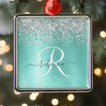Blauwgroen geborsteld metaal Silver Glitter Monogr Metalen Ornament<br><div class="desc">Pas dit trendy ornament met  zilveren mousserende glitter eenvoudig aan op een blauwgroen geborstelde metalen achtergrond.</div>