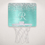 Blauwgroen geborsteld metaal Silver Glitter Monogr Mini Basketbalbord<br><div class="desc">Maak deze trendy chic basketball-hoepelvormig ontwerp met  zilveren mousserend glitter op een blauwgroen geborstelde metalen achtergrond gemakkelijk aan te passen.</div>