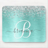 Blauwgroen geborsteld metaal Silver Glitter Monogr Muismat (Voorkant)