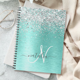 Blauwgroen geborsteld metaal Silver Glitter Monogr Notitieboek