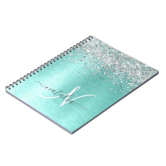 Blauwgroen geborsteld metaal Silver Glitter Monogr Notitieboek (Linkerzijde)