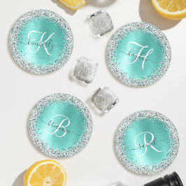 Blauwgroen geborsteld metaal Silver Glitter Monogr Onderzetter Set