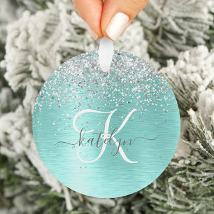 Blauwgroen geborsteld metaal Silver Glitter Monogr Ornament