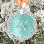 Blauwgroen geborsteld metaal Silver Glitter Monogr Ornament<br><div class="desc">Personaliseer dit trendy chique ornamenten ontwerp met  zilveren sprankelende faux glitter op een blauwgroen geborstelde metalen achtergrond.</div>