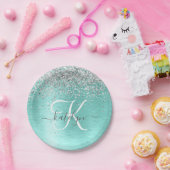 Blauwgroen geborsteld metaal Silver Glitter Monogr Papieren Bordje (Feest)