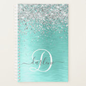 Blauwgroen geborsteld metaal Silver Glitter Monogr Planner (Voorkant)