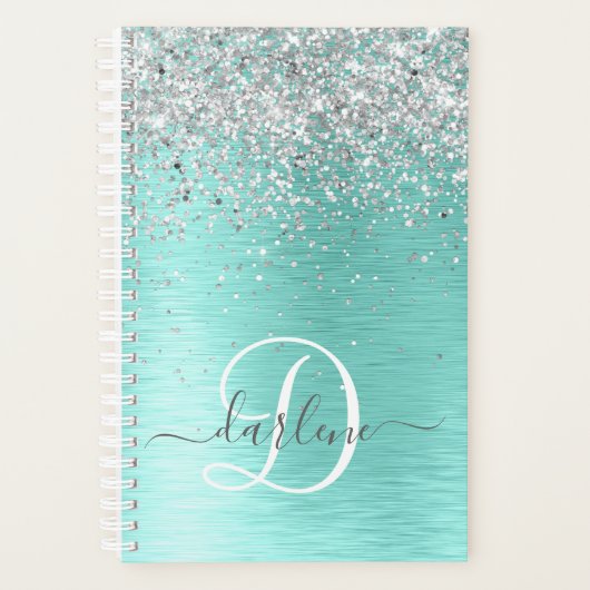 Blauwgroen geborsteld metaal Silver Glitter Monogr Planner (Voorkant)