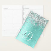 Blauwgroen geborsteld metaal Silver Glitter Monogr Planner (Display)
