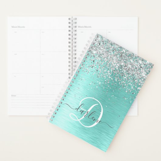 Blauwgroen geborsteld metaal Silver Glitter Monogr Planner (Display)