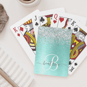 Blauwgroen geborsteld metaal Silver Glitter Monogr Pokerkaarten