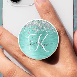 Blauwgroen geborsteld metaal Silver Glitter Monogr PopSocket
