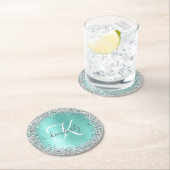 Blauwgroen geborsteld metaal Silver Glitter Monogr Ronde Kartonnen Onderzetter (Insitu)