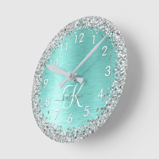 Blauwgroen geborsteld metaal Silver Glitter Monogr Ronde Klok (Hoek)