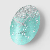 Blauwgroen geborsteld metaal Silver Glitter Monogr Ronde Klok (Hoek)