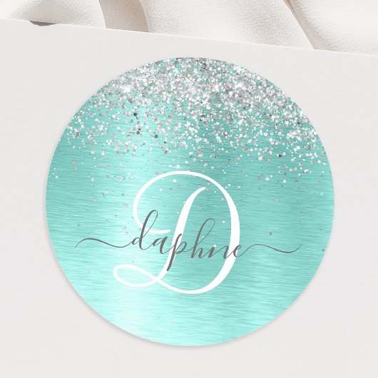 Blauwgroen geborsteld metaal Silver Glitter Monogr Ronde Sticker
