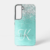Blauwgroen geborsteld metaal Silver Glitter Monogr Samsung Galaxy Hoesje (Achterkant)