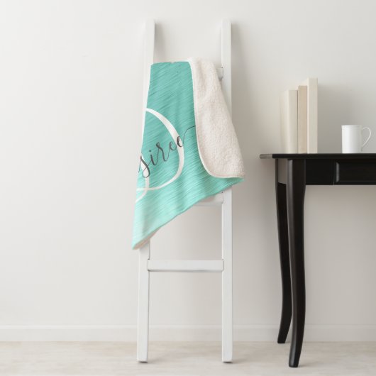 Blauwgroen geborsteld metaal Silver Glitter Monogr Sherpa Deken (In situ)