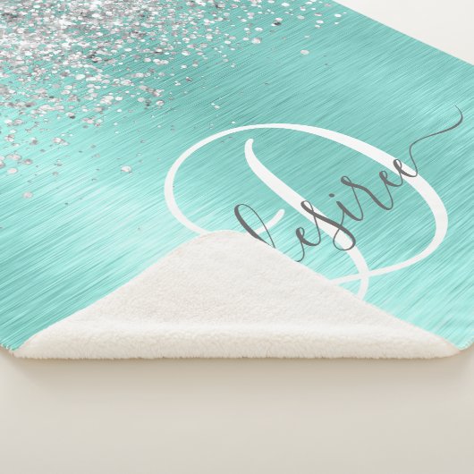 Blauwgroen geborsteld metaal Silver Glitter Monogr Sherpa Deken (3/4)