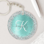 Blauwgroen geborsteld metaal Silver Glitter Monogr Sleutelhanger<br><div class="desc">Personaliseer eenvoudig dit trendy chique sleutelhanger-ontwerp met  zilveren sprankelende faux glitter op een blauwgroen geborstelde metalen achtergrond.</div>