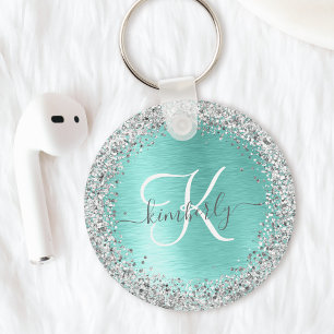 Blauwgroen geborsteld metaal Silver Glitter Monogr Sleutelhanger