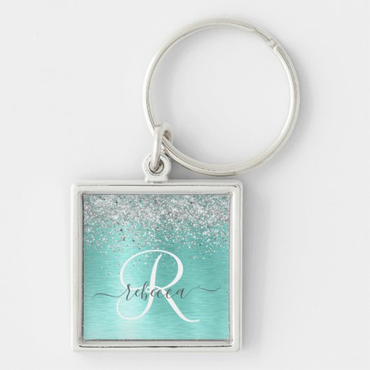 Blauwgroen geborsteld metaal Silver Glitter Monogr Sleutelhanger (Voorkant)