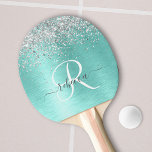 Blauwgroen geborsteld metaal Silver Glitter Monogr Tafeltennisbatje<br><div class="desc">Pas dit trendy kikkerpingpongpedelontwerp met  zilveren mousserend glitter op een blauwgroen geborstelde metalen achtergrond eenvoudig aan.</div>
