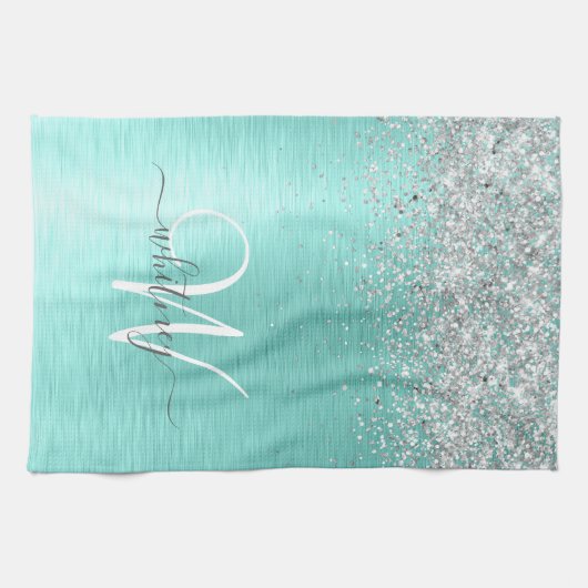 Blauwgroen geborsteld metaal Silver Glitter Monogr Theedoek (Horizontaal)