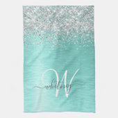 Blauwgroen geborsteld metaal Silver Glitter Monogr Theedoek (Verticaal)